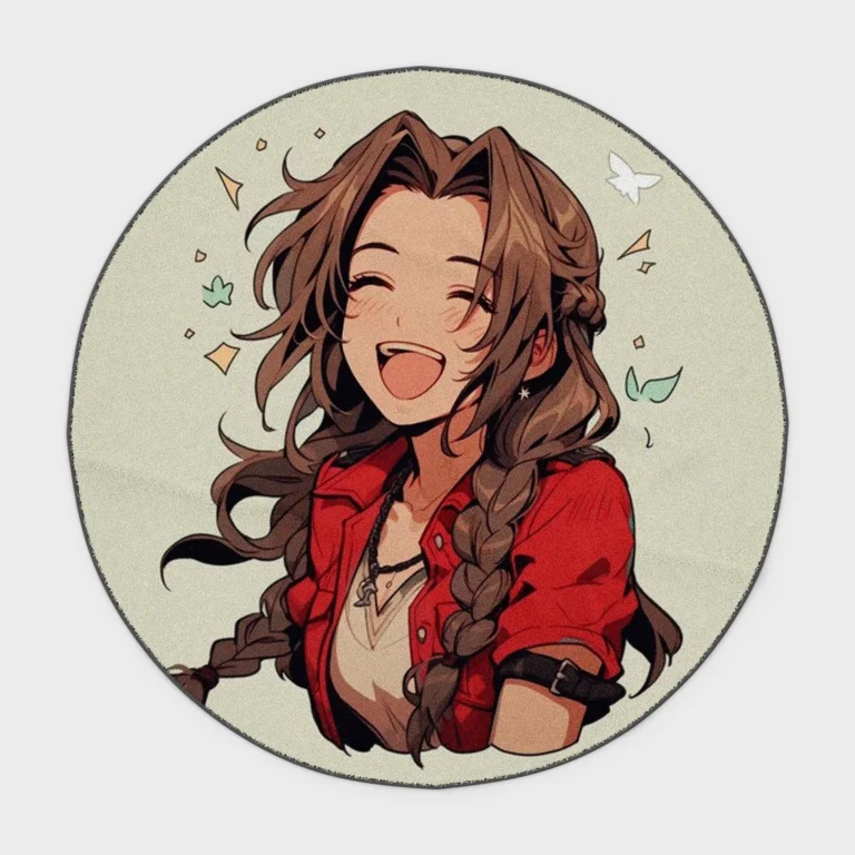 This Aerith round rug brings the elegance and charm of the beloved *Final Fantasy* character into your room. Perfect for bedroom decor or a collector's setup, it’s an elegant piece of fan merchandise.