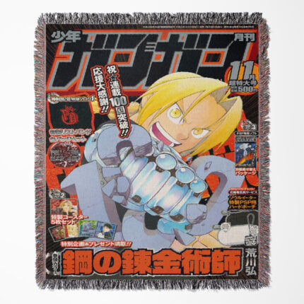 Fullmetal Alchemist woven tapestry throw blanket, stylish wall art and room decor, perfect gift for fans of Fullmetal Alchemist.