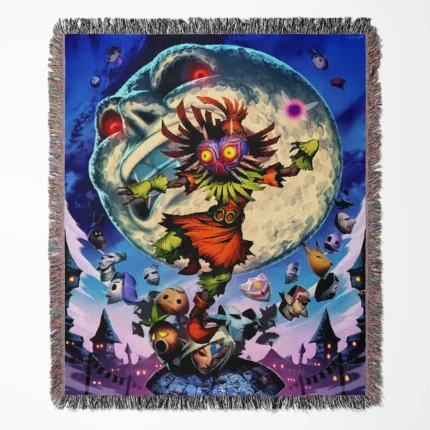 Zelda Majora’s Mask woven tapestry throw blanket, designed with fun wall art, room decor, and cozy home decor, perfect as a picnic mat and collectible for Zelda fans.