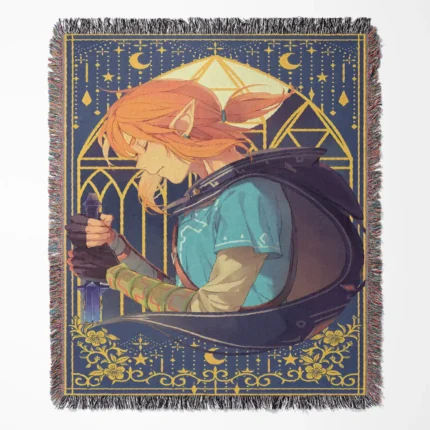 Link woven tapestry throw blanket, designed with epic wall art, room decor, and cozy home decor, making it a perfect gift for Legend of Zelda fans.