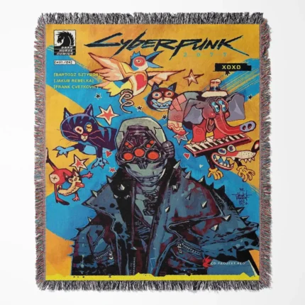 Cyberpunk 2077 woven tapestry throw blanket, offering cozy wall art and home decor, making it a great gamer merch item.