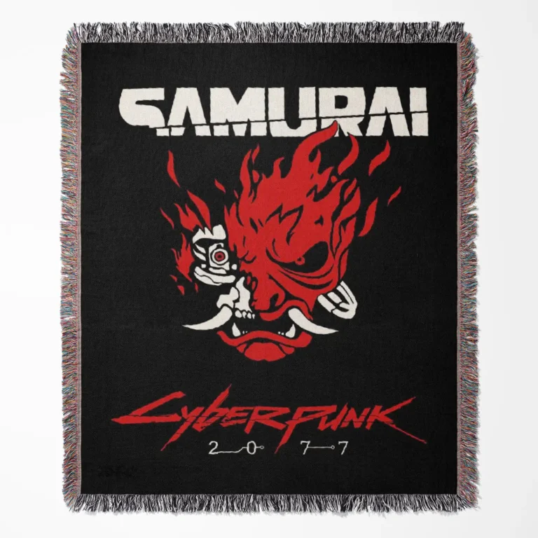 Cyberpunk woven tapestry throw blanket, featuring futuristic wall art and cozy room decor, perfect for wall rug and home decor accents.