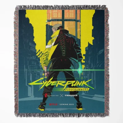 Cyberpunk woven tapestry throw blanket, featuring neon-style wall rug and room decor, making it an ideal gift for fans of the genre.
