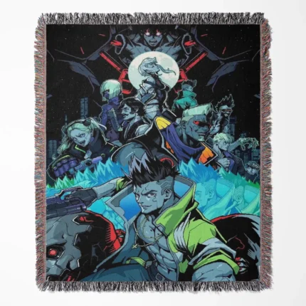 Cyberpunk woven tapestry throw blanket, designed with cool room and home decor elements, wall art, and perfect for collectible merch.