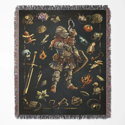 Dark Souls Knight Inventory woven tapestry throw blanket, featuring epic wall art and wall rug design, perfect for room and home decor.