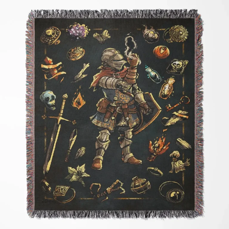 Dark Souls Knight Inventory woven tapestry throw blanket, featuring epic wall art and wall rug design, perfect for room and home decor.
