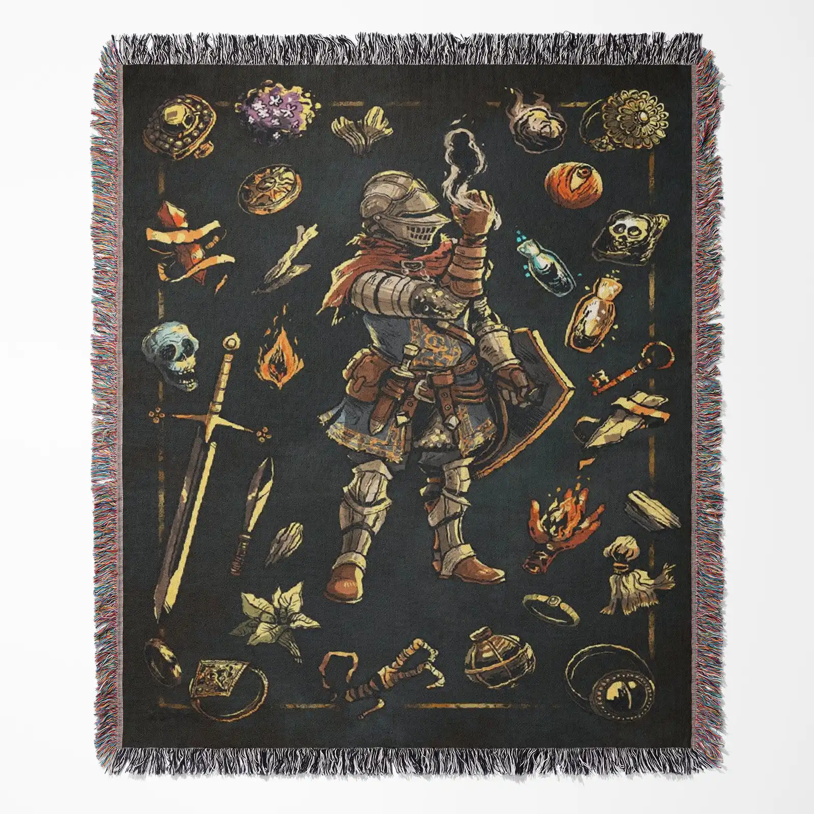 game-woven-tapestry-throw-blanket-175 Dark Souls Knight Inventory woven tapestry throw blanket, featuring epic wall art and wall rug design, perfect for room and home decor.