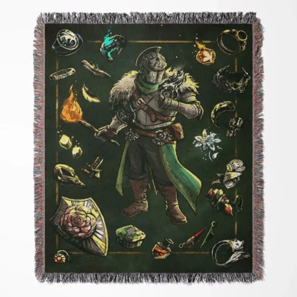 Dark Souls Sorcerer Inventory woven tapestry throw blanket, designed with stylish wall rug and room decor, perfect as collectible merch for Dark Souls fans.