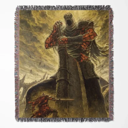 Dark Souls Yhorm the Giant woven tapestry throw blanket, offering epic wall art and cozy room decor, making it a perfect home decor accent for Dark Souls fans.