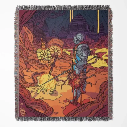 Dark Souls woven tapestry throw blanket, featuring collectible wall rug design, cozy room decor, and home decor, making it a great throw for Dark Souls lovers.