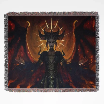 Diablo woven tapestry throw blanket, featuring dark fantasy wall art design and iconic room decor, making it the perfect gift for gamers.