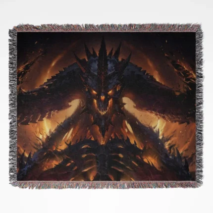 Diablo woven tapestry throw blanket, featuring stylish wall art design and versatile picnic mat, perfect for a gaming room accent.