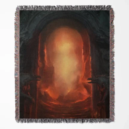 Diablo woven tapestry throw blanket, designed with high-quality wall art and durable picnic mat functionality, perfect as a room accent for Diablo fans.