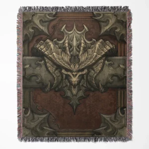 Diablo woven tapestry throw blanket, featuring dark wall art design and cozy room decor, making it the perfect gift for Diablo fans.