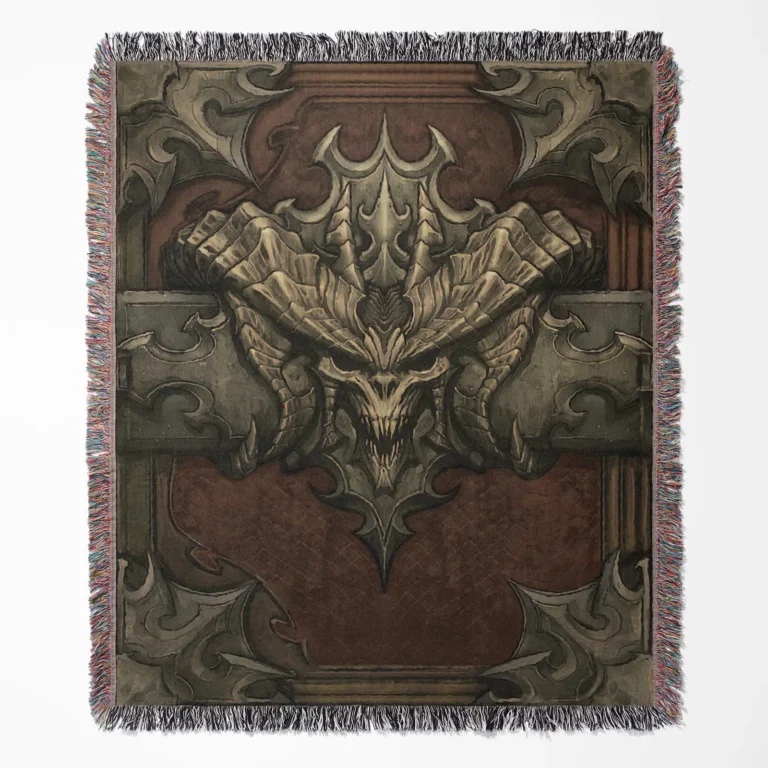 Diablo woven tapestry throw blanket, featuring dark wall art design and cozy room decor, making it the perfect gift for Diablo fans.