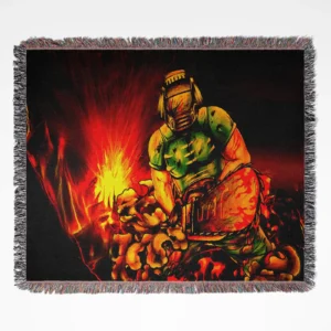 Doom woven tapestry throw blanket, offering epic wall rug design and room decor, perfect as a collectible item for Doom fans.