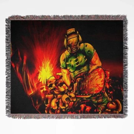 Doom woven tapestry throw blanket, offering epic wall rug design and room decor, perfect as a collectible item for Doom fans.