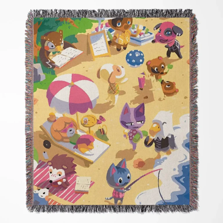 Animal Crossing: New Horizons woven tapestry throw blanket, featuring cute wall art design, perfect for cozy room and home decor, making it a perfect gift.