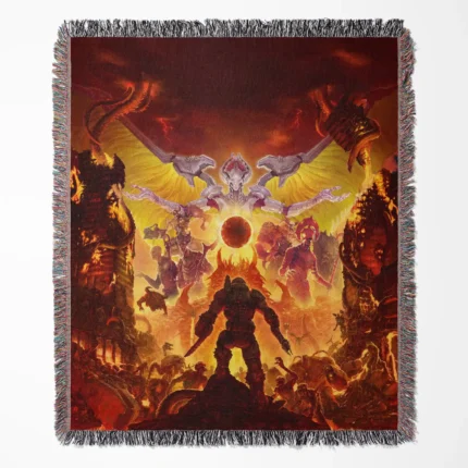 Doom woven tapestry throw blanket, featuring fun wall art and picnic mat functionality, perfect as a gift for Doom fans.