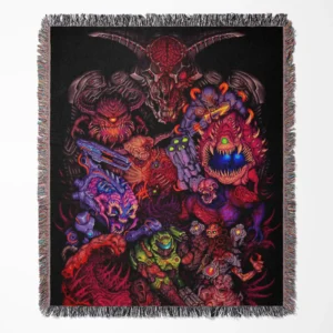 Doom Pixel woven tapestry throw blanket, offering unique wall art design and cozy throw functionality, making it perfect for Doom fans.