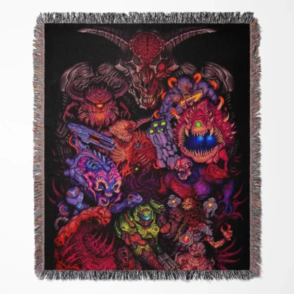 Doom Pixel woven tapestry throw blanket, offering unique wall art design and cozy throw functionality, making it perfect for Doom fans.