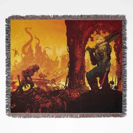 Doom woven tapestry throw blanket, featuring stylish room decor and wall rug design, perfect as a merch gift for Doom fans.