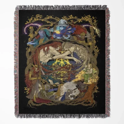 Elden Ring woven tapestry throw blanket, designed with epic wall art and cozy room decor, making it a collectible item for Elden Ring fans.