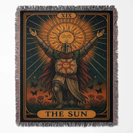 Elden Ring The Sun woven tapestry throw blanket, featuring fun wall rug design, picnic mat functionality, and room decor, perfect as a collectible accent for Elden Ring fans.