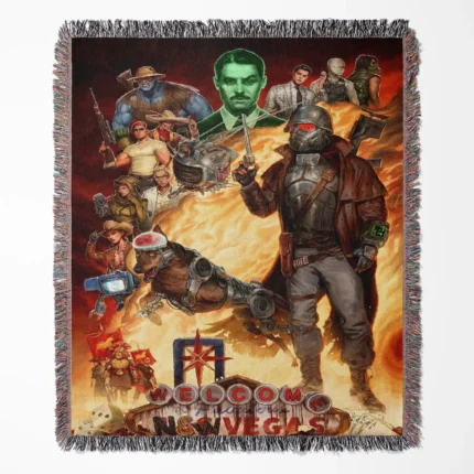 Fallout New Vegas woven tapestry throw blanket, offering unique wall art and cozy room decor, making it the perfect home decor accent for Fallout New Vegas fans.