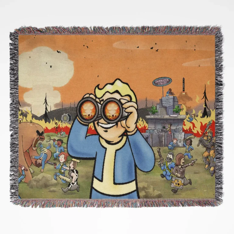 Fallout woven tapestry throw blanket, offering stylish room decor and cozy home decor, perfect as a gift idea for Fallout fans.
