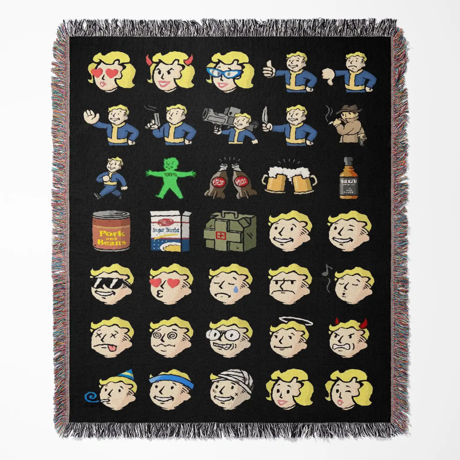 game-woven-tapestry-throw-blanket-481 Fallout woven tapestry throw blanket, offering epic wall art design and cozy home decor, making it the perfect gift for Fallout enthusiasts.