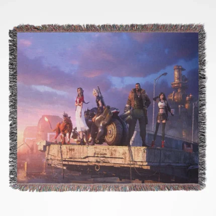 Final Fantasy VII woven tapestry throw blanket, featuring epic wall art design and cozy room decor, making it a perfect home decor accent for FF7 fans.