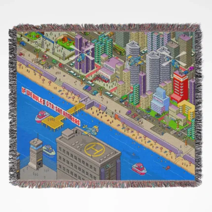 GTA Pixel San Andreas woven tapestry throw blanket, featuring stylish wall rug design and room decor, perfect as a collectible item for GTA fans.