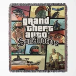 GTA San Andreas CD Cover woven tapestry throw blanket, offering fun wall art design and picnic mat functionality, perfect as a collectible accent for GTA fans.
