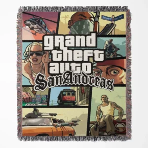 GTA San Andreas CD Cover woven tapestry throw blanket, offering fun wall art design and picnic mat functionality, perfect as a collectible accent for GTA fans.