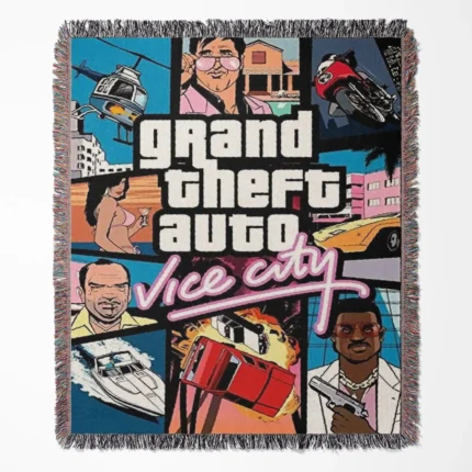 GTA Vice City woven tapestry throw blanket, designed with epic wall rug design and cozy room decor, perfect as a home decor accent for Vice City fans.