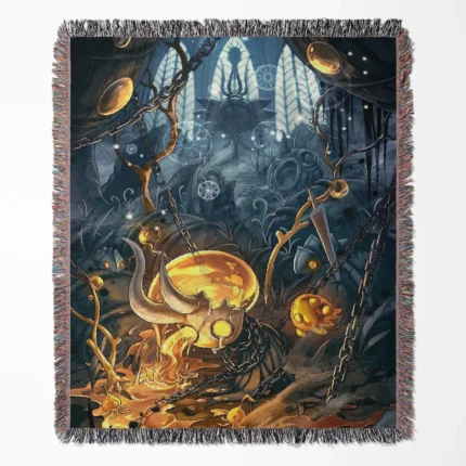 Hollow Knight woven tapestry throw blanket, featuring unique wall art and room decor, perfect as a collectible item for Hollow Knight fans.
