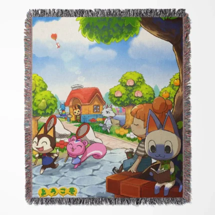 Animal Crossing: New Horizons woven tapestry throw blanket, featuring cute wall art, perfect for cozy room and home decor, making it a perfect gift.