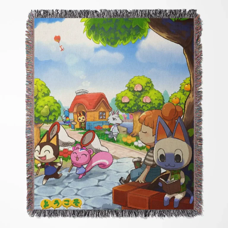 Animal Crossing: New Horizons woven tapestry throw blanket, featuring cute wall art, perfect for cozy room and home decor, making it a perfect gift.