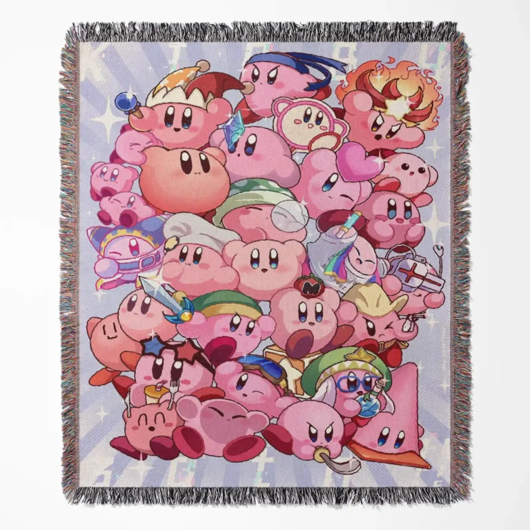 Kirby Retro woven tapestry throw blanket, designed with stylish wall rug design and room decor, perfect as a collectible item for Kirby fans.