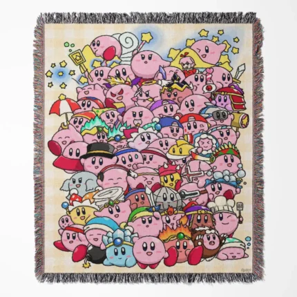 Kirby Pixel woven tapestry throw blanket, offering fun wall art design and picnic mat functionality, perfect as a collectible accent for Kirby fans.