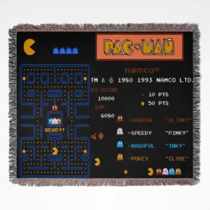 Pac-Man woven tapestry throw blanket, designed with cute wall art and cozy home decor, making it the perfect gift for Pac-Man fans.