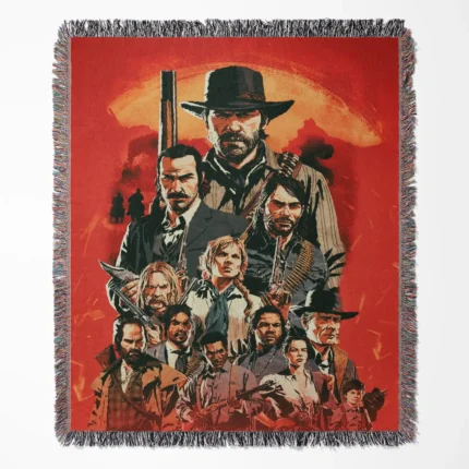 Red Dead Redemption 2 woven tapestry throw blanket, offering epic wall art design, room decor, and cozy home decor, making it the perfect gift for Red Dead Redemption 2 fans.