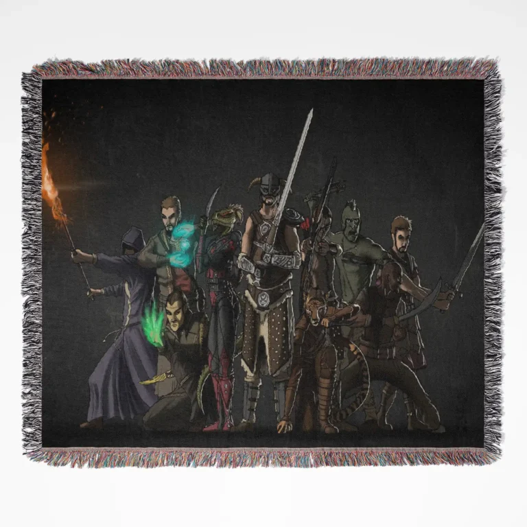 Skyrim woven tapestry throw blanket, featuring epic wall art design and cozy home decor, ideal as the perfect gift for Skyrim lovers.