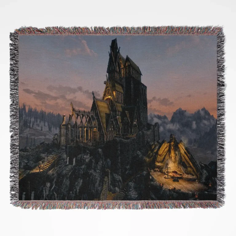 Skyrim woven tapestry throw blanket, offering stylish wall rug design and room decor, making it a perfect collectible item for Skyrim fans.