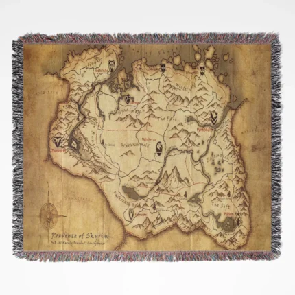 Skyrim Map woven tapestry throw blanket, featuring fun wall art, room decor, and picnic mat functionality, perfect for cozy home decor.