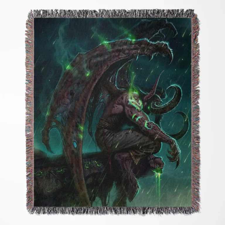 World of Warcraft Illidan woven tapestry throw blanket, featuring epic wall rug design, room decor, and cozy home decor, perfect as a collectible for World of Warcraft fans.