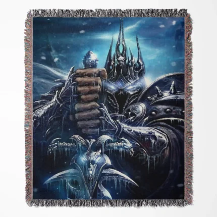 World of Warcraft Lich King woven tapestry throw blanket, designed with unique wall art and room decor, making it a perfect home decor accent for World of Warcraft enthusiasts.