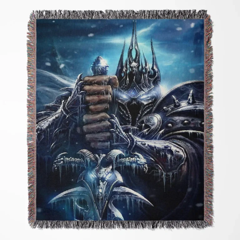 World of Warcraft Lich King woven tapestry throw blanket, designed with unique wall art and room decor, making it a perfect home decor accent for World of Warcraft enthusiasts.