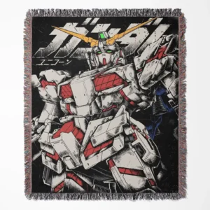 Gdam woven tapestry throw blanket, iconic wall art and room decor, perfect collectible gift for fans of the mecha universe.